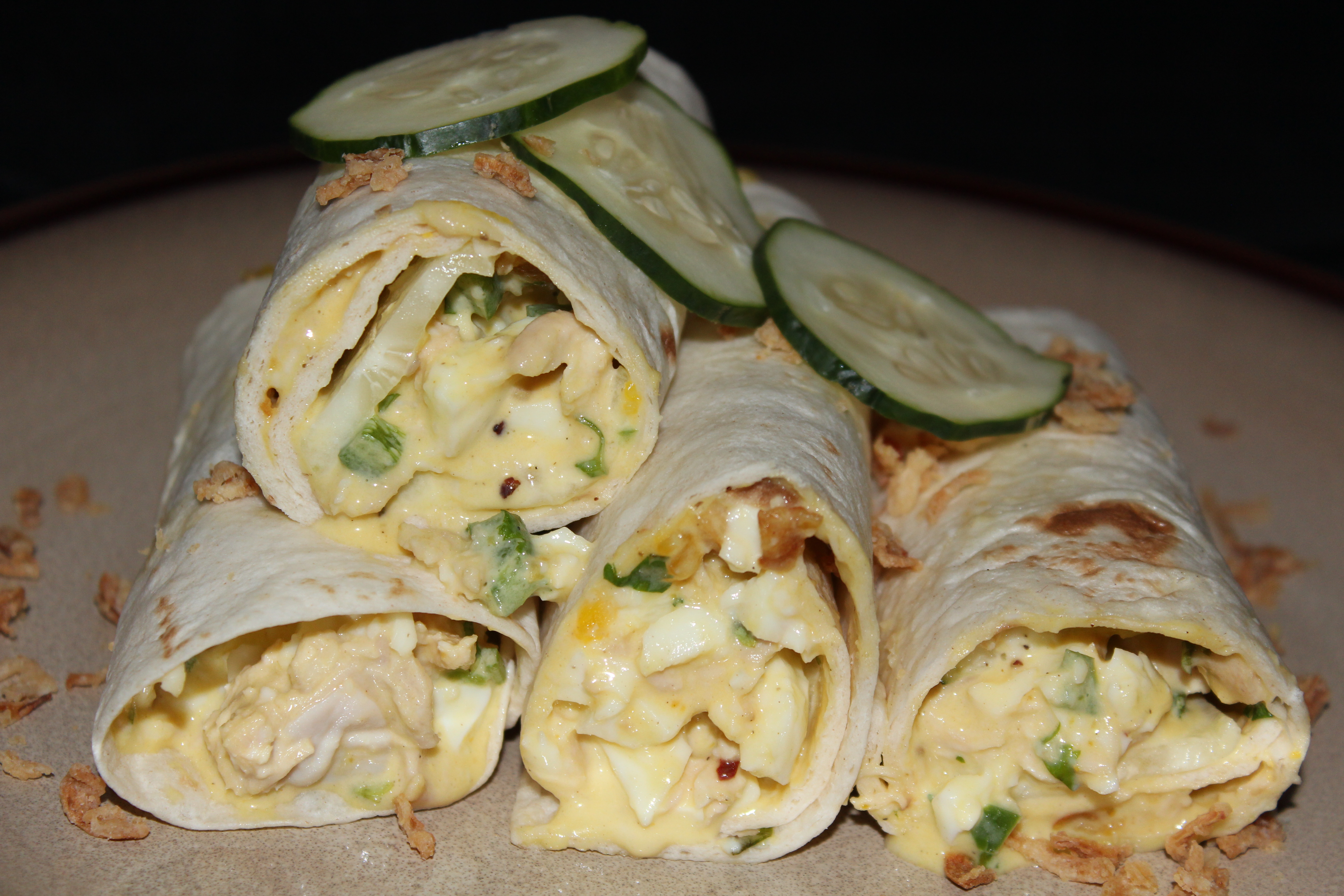Soft boiled Egg Salad & Cucumber Wraps with Crispy Fried Onions